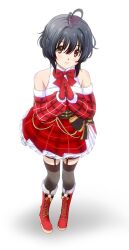  1girl 22/7 ahoge black_hair black_thighhighs boots bow bowtie brown_eyes bxtbsy7q76gxh73 closed_mouth detached_sleeves dress from_above full_body garter_straps gloves highres knee_boots light_smile palms_together plaid_clothes plaid_dress pleated_dress red_bow red_bowtie red_dress red_footwear red_gloves short_dress short_hair simple_background sleeveless sleeveless_dress solo standing takigawa_miu thigh-highs white_background 
