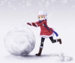  boots coat gloves green_eyes hat highres original pantyhose running scarf snow snowball snowflakes snowman solo un 
