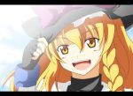 anime_coloring blonde_hair chaigidhiell close-up face fingerless_gloves gloves hand_on_hat hat kirisame_marisa letterboxed open_mouth solo touhou witch_hat yellow_eyes 