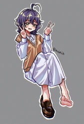  1girl ahoge artist_name asymmetrical_footwear bags_under_eyes barefoot blush breasts brown_footwear brown_vest double_v dress fangs full_body grey_background guinii4 hair_between_eyes heart heart_ahoge highres hiiragi_utena looking_at_viewer mahou_shoujo_ni_akogarete open_mouth purple_hair short_hair simple_background sitting small_breasts smile soles solo toes v vest white_dress yellow_eyes 