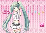  belt bridal_gauntlets garter_straps green_eyes green_hair hair_ribbon hatsune_miku kaiware-san long_hair midriff navel project_diva project_diva_2nd ribbon skirt smile solo thigh-highs thighhighs twintails very_long_hair vocaloid 