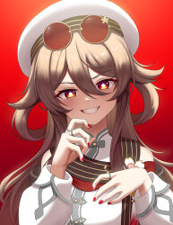  1girl absurdres brown_hair china_dress chinese_clothes dress eyewear_on_head flower-shaped_pupils fuyunash1 genshin_impact gradient_background hair_between_eyes hat highres hu_tao_(cherries_snow-laden)_(genshin_impact) hu_tao_(genshin_impact) long_hair long_sleeves looking_at_viewer official_alternate_costume red-framed_eyewear red-tinted_eyewear red_background red_eyes red_nails round_eyewear smile solo symbol-shaped_pupils teeth tinted_eyewear twintails white_dress white_hat white_sleeves 