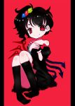  alternate_hairstyle amii asymmetrical_wings black_hair black_legwear dress houjuu_nue red_eyes short_hair side_ponytail sitting smile solo thighhighs touhou ufo wings 