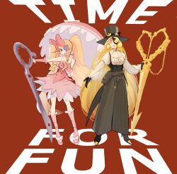 2girls black_gloves blonde_hair blue_eyes boots bow brown_pants cookie_run dress full_body gloves hair_bow harime_nui highres holding holding_scissors holding_umbrella huashengjiang233 kill_la_kill long_hair long_sleeves looking_at_viewer multicolored_hair multiple_girls open_mouth pants parasol pink_bow pink_dress pink_footwear puffy_long_sleeves puffy_sleeves scissor_blade scissor_blade_(kill_la_kill) scissors shirt smile streaked_hair timekeeper_cookie twintails umbrella very_long_hair white_shirt yellow_eyes