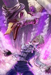  1boy bird blue_eyes collar colored_extremities fingernails frilled_shirt frills gavis_bettel gavis_bettel_(2nd_costume) giant giant_monster goose grey_hair hat heterochromia highres holostars holostars_english laughing monster open_mouth phantom_(gavis_bettel) planet_ichigo sharp_fingernails shirt short_hair skull teeth violet_eyes virtual_youtuber white_shirt 