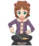  a1 amami_haruka bow brown_hair cooking food frying_pan green_eyes hair_bow idolmaster open_mouth short_hair simple_background solo spatula young 