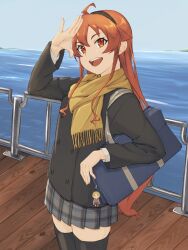  1girl ahoge bag black_hairband black_jacket black_thighhighs boat character_charm charm_(object) checkered_clothes checkered_skirt contemporary eris_greyrat flat_chest hair_between_eyes hairband highres holding holding_bag jacket kurogoma183 long_hair looking_at_viewer mushoku_tensei ocean on_boat open_mouth red_eyes red_hair scarf school_bag ship_deck shirt skirt smile solo thigh-highs very_long_hair watercraft white_shirt yellow_scarf 