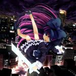  1girl candy cityscape lollipop panty_&amp;_stocking_with_garterbelt shikei_(jigglypuff) solo stocking_(character) stocking_(psg) stripes_i_&amp;_ii sword weapon 