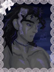  dark_background flower_in_hair kuujou_joutarou pearl_necklace shirtless stardust_crusaders 