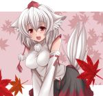  animal_ears bad_id detached_sleeves hasu_(hk_works) hat impossible_clothes impossible_clothing impossible_shirt inubashiri_momiji red_eyes shirt short_hair silver_hair solo tail tokin_hat touhou white_hair wolf_ears wolf_tail 