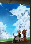  cloud clouds from_behind hakurei_reimu hand_holding hat hat_removed headwear_removed highres holding_hands kirisame_marisa landscape multiple_girls pointing ryuu ryuu_(tsukinoyuki) scenery sitting sky touhou veranda 