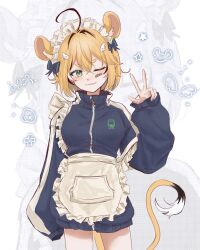  1girl :3 ahoge angel_wings_hair_ornament animal_ears apron bandaid bandaid_on_face blonde_hair blue_bow bow brown_hair commentary dooby_(vtuber) frilled_apron frills green_eyes hair_bow hand_up happy_(yppah1060) high_collar highres indie_virtual_youtuber jacket jerboa_tail jersey_maid kaomoji light_smile maid maid_headdress mouse_ears mouse_girl multicolored_hair multiple_hair_bows one_eye_closed short_eyebrows sleeves_past_wrists solo star_(symbol) streaked_hair track_jacket turtleneck turtleneck_jacket unconventional_maid virtual_youtuber w waist_apron white_apron white_hair wing_hair_ornament zipper_pull_tab 