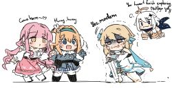  4girls artist_name blonde_hair blue_eyes blue_gloves blue_jacket blue_skirt blush closed_mouth detached_sleeves dress earmuffs english_text facebook_logo genshin_impact girls'_frontline_2:_exilium girls_frontline gloves halo heart highres holding holding_sword holding_weapon infinity_nikki jacket long_hair long_sleeves looking_at_another lumine_(genshin_impact) multiple_girls nikki_(nikki) nikki_(series) off-shoulder_shirt off_shoulder open_mouth paimon_(genshin_impact) pink_hair pink_skirt puff_of_air sesield shirt sketch skirt suomi_(girls'_frontline_2) sweat sword trembling twitter_logo weapon white_dress white_hair white_shirt 