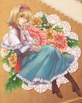  alice_margatroid arm blonde_hair blue_eyes boots capelet cross-laced_footwear doily doll_joints floral_background flower hairband lace-up_boots minigirl nakatani napkin pantyhose rose short_hair solo touhou yellow_rose 