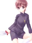  1boy @co black_keys brown_eyes brown_hair child cross cross_necklace fate/zero fate_(series) jewelry kotomine_kirei necklace shorts solo young 