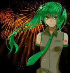  bad_id bare_shoulders detached_sleeves fireworks green_eyes green_hair hatsune_miku necktie night night_sky serious sky torishima twintails vocaloid 