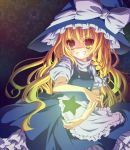  bad_id blonde_hair grin hat kirisame_marisa long_hair reia sky smile solo star star_(sky) starry_sky touhou witch witch_hat yellow_eyes 