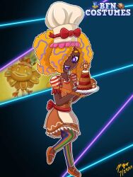  1girl apron chef_hat chompadon826 cookie dark-skinned_female dark_skin dated dress food hair_over_one_eye hat holding holding_plate leg_up looking_at_viewer open_mouth orange_dress orange_footwear orange_hair pants patterned_hair plants_vs_zombies plate shoes short_sleeves signature smile solo splatoon_(series) splatoon_3 striped_clothes striped_pants striped_sleeves tao_blu_(splatoon) violet_eyes waist_apron 