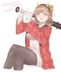  1girl asahi_(kancolle) asahi_(setsubun)_(kancolle) az_toride black_thighhighs brown_eyes brown_hair club_(weapon) commentary_request dress fake_horns fang feet_out_of_frame frilled_sweater heart holding holding_club holding_weapon horns kanabou kantai_collection red_happi ribbed_dress short_hair simple_background sitting skin_fang smile solo sweater sweater_dress thigh-highs translation_request weapon white_background white_dress 