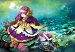  1girl armor armored_dress coral dress gauntlets greaves kawasemi_(pocorit) long_hair princess_(sekaiju) purple_eyes purple_hair scepter sekaiju_no_meikyuu sekaiju_no_meikyuu_3 solo tiara underwater violet_eyes 