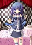  blue_hair cake checkered checkered_floor computer copyright_request food hair_ribbon highres knife laptop ribbon single_thighhigh solo spirtie thigh-highs thighhighs 