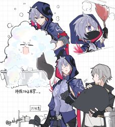  1other 2boys animal_ears arm_up artist_name bag belt black_belt black_coat black_gloves black_mask blue_eyes book book_stack caelus_(honkai:_star_rail) checkered_background cleaning closed_eyes closed_mouth coat collar covered_mouth cowboy_shot creature dust_cloud duster fingerless_gloves gloves grey_hair hair_between_eyes hair_over_one_eye hands_up highres holding holding_bag holding_duster honkai:_star_rail honkai_(series) hood hooded_coat hooded_jacket jacket looking_at_object looking_up mask mouth_mask moze_(honkai:_star_rail) multiple_boys no_eyes open_clothes open_coat open_jacket open_mouth pink_jacket pink_pupils pom-pom_(honkai:_star_rail) purple_collar purple_jacket purple_shirt rabbit_ears shirt short_hair simple_background sleeveless sleeveless_shirt soap soap_bubbles standing t-shirt trailblazer_(honkai:_star_rail) trash_bag trash_can two-sided_coat two-sided_fabric two-sided_jacket v-shaped_eyebrows washing_another white_background white_shirt yakota_(usuk-yako) yellow_coat 