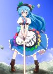 &gt;:) blue_hair blush boots cross-laced_footwear food fruit hands_on_hilt hat hinanawi_tenshi lace-up_boots long_hair massala peach pigeon-toed pigeon_toed red_eyes skirt sky solo sword sword_of_hisou touhou weapon wind