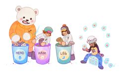  4boys bear bepo black_hair chibi commentary english_commentary facial_hair full_body goatee hand_tattoo hat heart jumpsuit male_focus multiple_boys one_piece orange_hair orange_jumpsuit penguin_(one_piece) pikaole shachi_(one_piece) sharp_teeth sideburns sitting smile sunglasses tattoo teeth trafalgar_law 