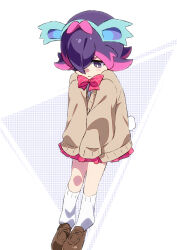  1girl absurdres blush closed_mouth commentary_request dot_(pokemon) hair_ornament hair_over_eyes highres jacket long_sleeves multicolored_hair nidothing pink_hair plus_ta pokemon pokemon_(anime) pokemon_horizons purple_hair ribbon shirt shoes short_hair skirt socks solo violet_eyes 