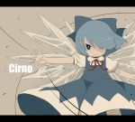  blue_eyes blue_hair bow cirno dress hair_bow hair_over_one_eye mousou_youjo outstretched_arm short_hair solo touhou wings 