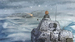  1girl artist_name brown_hair cannon from_behind girls_und_panzer highres imminent_death kepincox kuromorimine_military_uniform military_vehicle motor_vehicle nishizumi_miho panther_(tank) projectile_trail radio_antenna smoke snow solo tank tank_turret twitter_username world_war_ii 