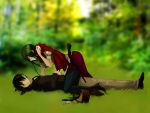  1girl big_bad_wolf_(grimm) black_hair couple girl_on_top grass green_hair grimm's_fairy_tales gun hand_on_stomach high_heels little_red_riding_hood little_red_riding_hood_(grimm) lying on_back personification shoes torishima weapon 