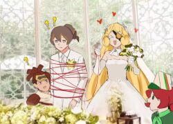  1boy 3girls ^_^ bouquet breasts brown_eyes brown_hair closed_eyes cookie_run croissant_cookie dress eyepatch forced_wedding goggles goggles_on_head heart holding holding_bouquet huashengjiang233 indoors medium_breasts multiple_girls open_mouth ponytail red_eyes red_hair sandwich_cookie_(cookie_run) smile string_gummy_cookie timekeeper_cookie wedding white_dress 