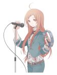  ahoge bad_id belt dress_shirt hair_ornament hairclip instrument jacket kintaro long_hair long_sleeves microphone microphone_stand miki miki_(vocaloid) pants red_eyes red_hair redhead sf-a2_miki shirt solo star suspenders tambourine transparent_background vocaloid watch wristwatch 