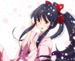  black_hair bow brown_eyes cherry_blossoms galibo hair_bow japanese_clothes kimono long_hair open_mouth petals ponytail sakura_taisen shinguuji_sakura smile solo 