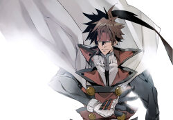  1boy arm_up black_trim brown_eyes brown_hair cape closed_mouth collarbone commentary_request cowboy_shot floating_cape forehead_protector gloves guilty_gear guilty_gear_xx hair_between_eyes highres jacket kishiro_yutaka lapels layered_clothes light_smile long_hair looking_at_viewer male_focus notched_lapels order-sol ponytail red_jacket shirt simple_background skin_tight sol_badguy solo very_long_hair white_background white_cape white_gloves white_shirt 