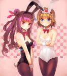  2girls alice_margatroid animal_ears blonde_hair blue_eyes bowtie breasts brown_legwear bunny_tail bunnysuit cleavage crescent culter detached_collar fake_animal_ears hairband leotard long_hair multiple_girls pantyhose patchouli_knowledge pink_background purple_hair rabbit_ears ribbon short_hair tail touhou violet_eyes wrist_cuffs 