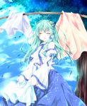 closed_eyes detached_sleeves drying_pole eyes_closed frog green_hair hair_ornament highres kochiya_sanae laundry_pole long_hair long_skirt riichu skirt snake solo touhou