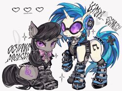  amatou_akuma animal animal_focus black-framed_eyewear black_choker black_hair black_jacket black_socks black_tail blue_hair blue_socks blue_tail bow bowtie chain character_name choker closed_mouth colored_skin commentary cutie_mark ear_piercing fishnet_top fishnets frills full_body grey_background grey_skin grey_socks hair_ornament headphones heart highres jacket long_hair looking_at_viewer musical_note my_little_pony my_little_pony:_friendship_is_magic no_humans o-ring o-ring_choker octavia_melody parted_lips piercing pink_bow pink_bowtie pony_(animal) purple-tinted_eyewear short_sleeves simple_background sitting sleeveless sleeveless_jacket socks sparkle spiked_choker spikes striped_clothes striped_socks sunglasses symbol-only_commentary tinted_eyewear twitter_username two-tone_socks unicorn vinyl_scratch violet_eyes white_skin x_hair_ornament 