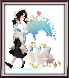  1girl animal anjo_nala bird black_border black_footwear black_hair black_skirt border character_name closed_eyes coif corset cos_(kaito00747) facing_viewer full_body gloves goose green_gloves grin hat heart highres holding holding_animal long_hair long_skirt neckerchief pantyhose picture_frame reverse:1999 shirt skirt smile solo striped_clothes striped_shirt vertical-striped_clothes vertical-striped_shirt walking white_background white_corset white_hat white_neckerchief white_pantyhose white_shirt 