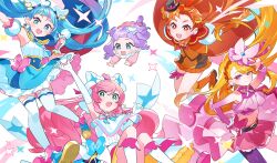  1boy 4girls ankle_boots aqua_eyes arm_up ascot belt black_belt blonde_hair blue_bow blue_cape blue_dress blue_eyes blue_footwear blue_hair boots bow bow_skirt braid braided_bangs bridal_gauntlets bright_pupils brooch butterfly_hat_ornament cape coattails cure_butterfly cure_prism cure_sky cure_wing cut_bangs detached_sleeves dress dress_bow earrings elbow_gloves ellee-chan fingerless_gloves floating frilled_dress frilled_shirt frilled_shorts frills fringe_trim gloves gradient_hair green_eyes hair_bow hand_on_own_hip hat hat_ornament highres hijiri_ageha hirogaru_sky!_precure holding jacket jewelry kanyoko_(yuzukano_17) knee_boots knees_up layered_dress layered_gloves leg_ribbon long_hair looking_at_another looking_at_viewer magical_boy magical_girl microskirt midriff mini_hat mini_top_hat mob_cap multicolored_hair multiple_girls navel nijigaoka_mashiro open_mouth orange_footwear orange_gloves orange_hair orange_jacket orange_shorts orange_vest pantyhose pink_bow pink_gloves pink_hair pink_hat pink_shirt pink_skirt pleated_skirt precure puffy_detached_sleeves puffy_short_sleeves puffy_sleeves purple_hair purple_pantyhose red_cape red_eyes ribbon shirt short_dress short_shorts short_sleeves shorts showgirl_skirt side_braids single_earring single_leg_pantyhose single_sidelock skirt sky_mirage sleeveless sleeveless_dress sleeveless_shirt smile sora_harewataru star_(symbol) streaked_hair thigh-highs tilted_headwear top_hat twintails two-sided_cape two-sided_fabric two-tone_dress two-tone_hair two_side_up very_long_hair vest violet_eyes w white_ascot white_bow white_dress white_footwear white_gloves white_pupils white_thighhighs wing_brooch wing_hair_ornament yuunagi_tsubasa 