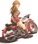  1girl blue_eyes brown_hair character_request charlotte_e_yeager gloves helmet long_hair motor_vehicle motorcycle solo strike_witches vehicle wink 