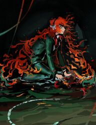  1girl absurdres black_jacket black_pants bow brown_hairband closed_mouth fennec_kot green_eyes hair_bow hairband highres ishmael_(project_moon) jacket limbus_company long_hair long_sleeves looking_at_viewer orange_hair pants project_moon red_trim rope sitting solo very_long_hair water wavy_hair white_bow wide-eyed 