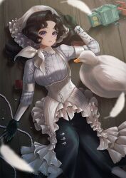  1girl anjo_nala bird black_hair black_skirt breasts coif copyright_name corset duck feet_out_of_frame from_above gloves green_gloves hand_up hat highres jewelry logo long_hair long_skirt long_sleeves looking_at_viewer lying milmil7 neckerchief necklace on_ground parted_bangs parted_lips pearl_necklace pinstripe_pattern pinstripe_shirt reverse:1999 shirt skirt solo striped_clothes striped_shirt toy_robot unworn_jewelry unworn_necklace vertical-striped_clothes vertical-striped_shirt violet_eyes white_corset white_hat white_neckerchief white_shirt wooden_floor 