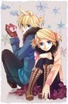  boots brother_and_sister coat gift gloves hair_ornament hairclip highres holding holding_gift kagamine_len kagamine_rin pantyhose short_hair siblings sitting smile twins twintails vocaloid yamako yamako_(artist) 