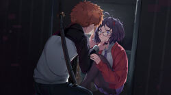  1boy 1girl absurdres black-framed_eyewear black_jacket blue_necktie blush breasts cardigan claw_hair_clip crossover crying crying_with_eyes_open dress emiya_shirou fate/stay_night fate_(series) flower_hairtie hair_ornament hairband hetero highres holding jacket katana long_sleeves mila_(miside) miside mita_(miside) necktie open_cardigan open_clothes open_mouth orange_hair pajamas promo_poster purple_hair raglan_sleeves red_cardigan red_hairband red_pajamas red_sweater self-upload sheath shirt shokobr short_hair simple_background skirt sweater sword tears violet_eyes weapon white_jacket 