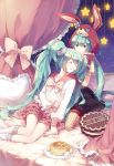  animal_ears aqua_eyes aqua_hair bow bunny_ears bunny_hood cake closed_eyes curtains dual_persona eyes_closed food footwear frilled_skirt frills gloves hands_on_shoulders hatsune_miku lots_of_laugh_(vocaloid) lying multiple_girls on_bed pancake pantyhose rella school_uniform serafuku sitting skirt socks star twintails vertical-striped_legwear vertical_stripes vocaloid 