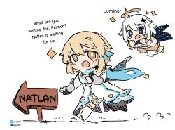  2girls absurdres artist_name blonde_hair blue_eyes blush bright_pupils detached_sleeves dress english_text facebook_logo genshin_impact happy_tears highres looking_at_another lumine_(genshin_impact) multiple_girls open_mouth paimon_(genshin_impact) sesield signpost sketch smile sparkle tearing_up tears twitter_logo white_dress white_pupils yellow_eyes 