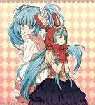  aqua_eyes aqua_hair bowtie bunny_hood checkered checkered_background frills gloves hands_clasped hatsune_miku lavender_hair long_hair lots_of_laugh_(vocaloid) molly open_mouth ribbon school_uniform twintails vocaloid 