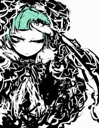  aqua_eyes aqua_hair bad_id f7(eiki) green_hair kagiyama_hina monochrome short_hair solo spot_color touhou 